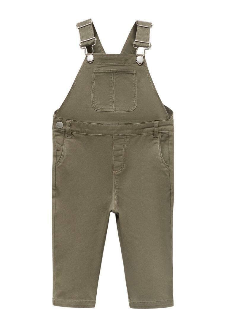 Salopette verde oliva con bretelle regolabili, tasca frontale e due tasche laterali, progettata per bambini.