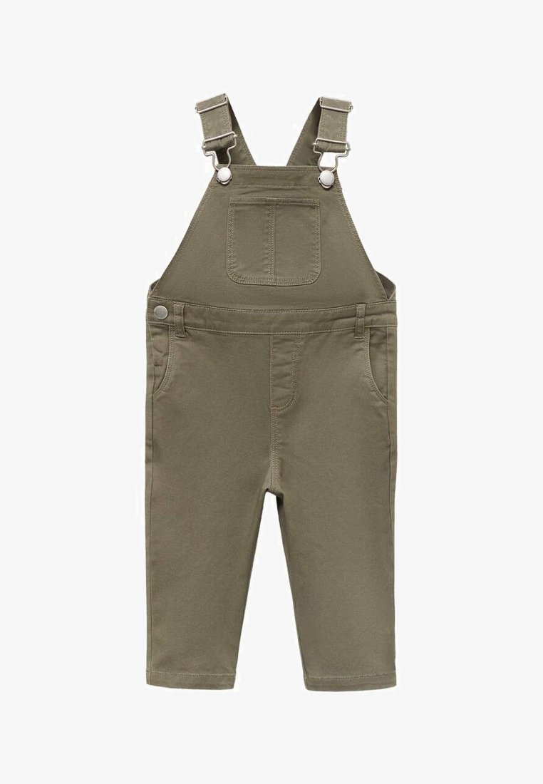 Olivgrüne Latzhosen mit verstellbaren Trägern, einer Vorderasche und zwei Seitentaschen, entworfen für Kinder.
