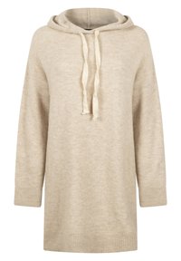 Beige gebreide hoodie trui met een zachte textuur, een capuchon met trekkoord, en geribbelde boorden aan de mouwen en zoom. Casual, oversized pasvorm.