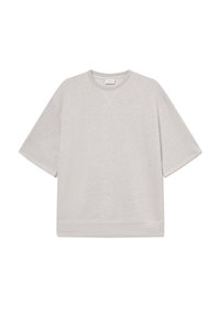 Camiseta de gran tamaño en gris claro, hecha de tejido texturizado, con mangas cortas y un escote redondo con un dobladillo acanalado.