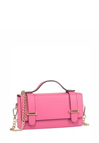 Rosa Lederhandtasche mit goldfarbener Hardware, strukturierter Form, doppeltem Obergriff und Kettenriemen, mit schwarzem Besatz und Kastenverschluss.