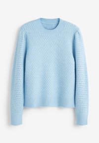 Pull en tricot bleu clair présentant un motif texturé, col rond et poignets côtelés, avec une coupe décontractée et un matériau doux.
