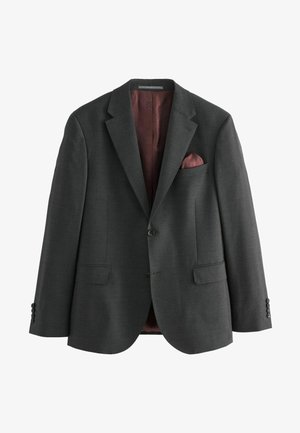 Charcoal gray blazer with structured lapels, single button closure, two front pockets, and a maroon patterned lining visible at the interior.
