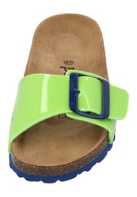 Green patent strap slide sandal with a blue sole, featuring a blue buckle and a cork footbed, designed for comfort and casual wear.