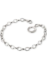 Bracciale in argento con anelli rotondi e ovali alternati, chiusura a moschettone e un tag circolare inciso con "ENGELS RUFER."