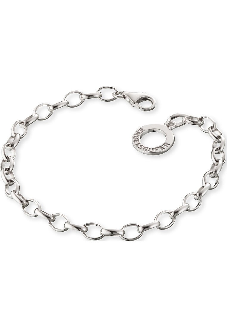 Bracciale in argento con anelli rotondi e ovali alternati, chiusura a moschettone e un tag circolare inciso con "ENGELS RUFER."
