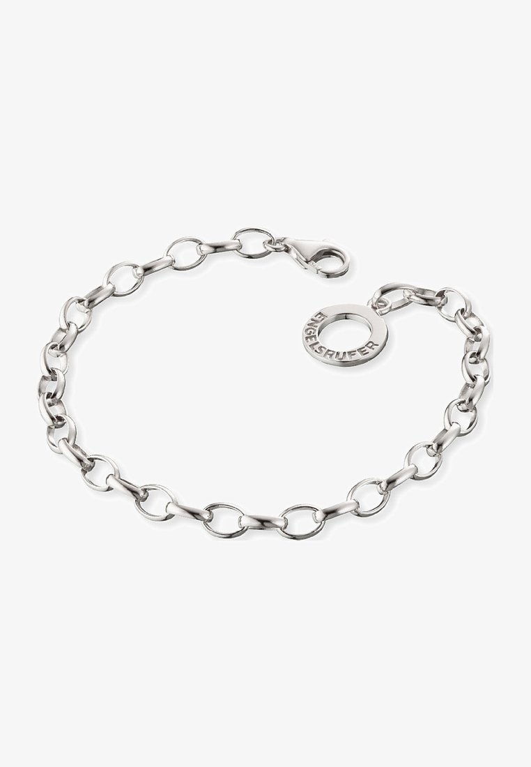 Bracciale in argento con anelli rotondi e ovali alternati, chiusura a moschettone e un tag circolare inciso con "ENGELS RUFER."
