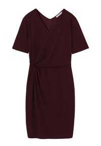 Burgunderfarbenes Kurzarmkleid aus weichem Stoff, mit V-Ausschnitt und Knotendetail an der Taille, in einem fließenden, lockeren Schnitt.