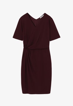 Burgundiapunane lühikeste varrukatega kleit pehmest kangast, millel on V-kaelus ja sõlme detail vöökohal, voolava ja lõdva istuvusega.