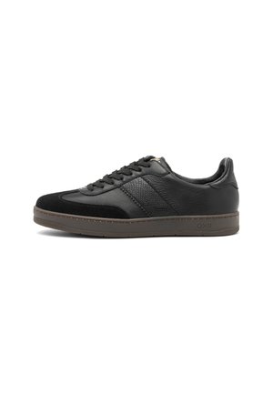Sneaker nere con un mix di pelle liscia e pelle testurizzata, caratterizzate da un design con lacci, una suola imbottita e un branding discreto sul lato.