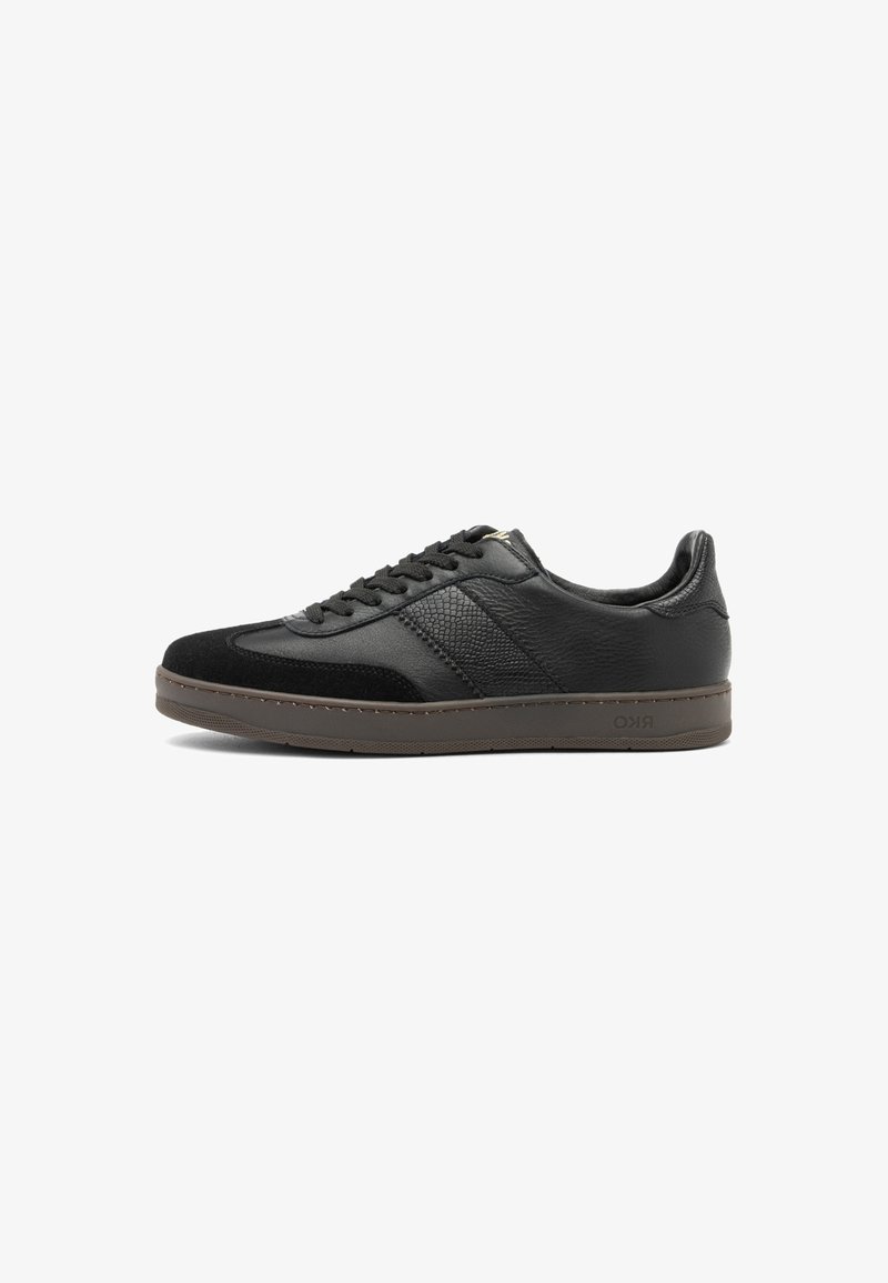Sneaker nere con un mix di pelle liscia e pelle testurizzata, caratterizzate da un design con lacci, una suola imbottita e un branding discreto sul lato.