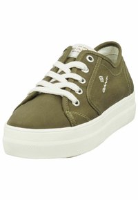 Olive green canvas sneakers with white rubber sole, round toe, and white laces. Features logo and stitched detailing on side.