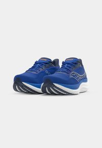 Blue athletic shoes made of mesh fabric with rubber soles; features padded collar, laces, and contrasting dark accents.
