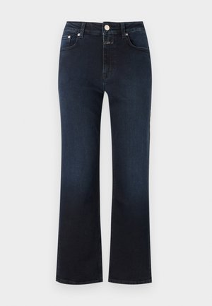 Mørkeblå denimjeans med høy midje, rett ben-design, kontrasterende sømmer, frontlommer og en enkelt knappelukking.