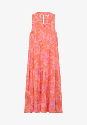 Robe longue sans manches avec col à volants dans un motif floral orange et rose, avec un décolleté en trou de serrure devant et une jupe à volants.