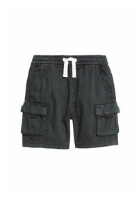 Shorts cargo noirs en tissu durable, avec une taille élastique et un cordon de serrage blanc, des poches latérales et deux poches cargo.
