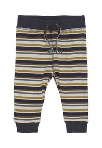 Stripede bukser lavet af blødt stof. Funktioner vandrette striber i marineblå, beige og oliven. Elastisk talje med snøre og ribbede manchetter.