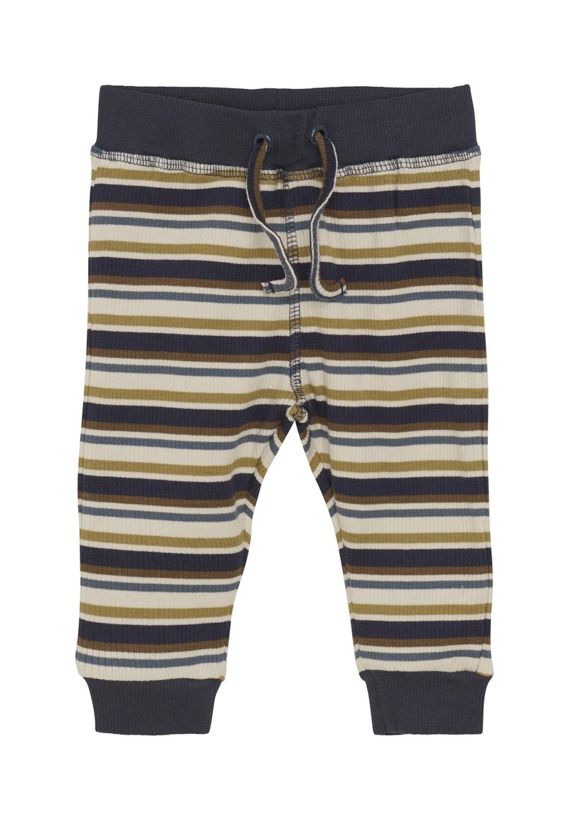 Stripede bukser lavet af blødt stof. Funktioner vandrette striber i marineblå, beige og oliven. Elastisk talje med snøre og ribbede manchetter.