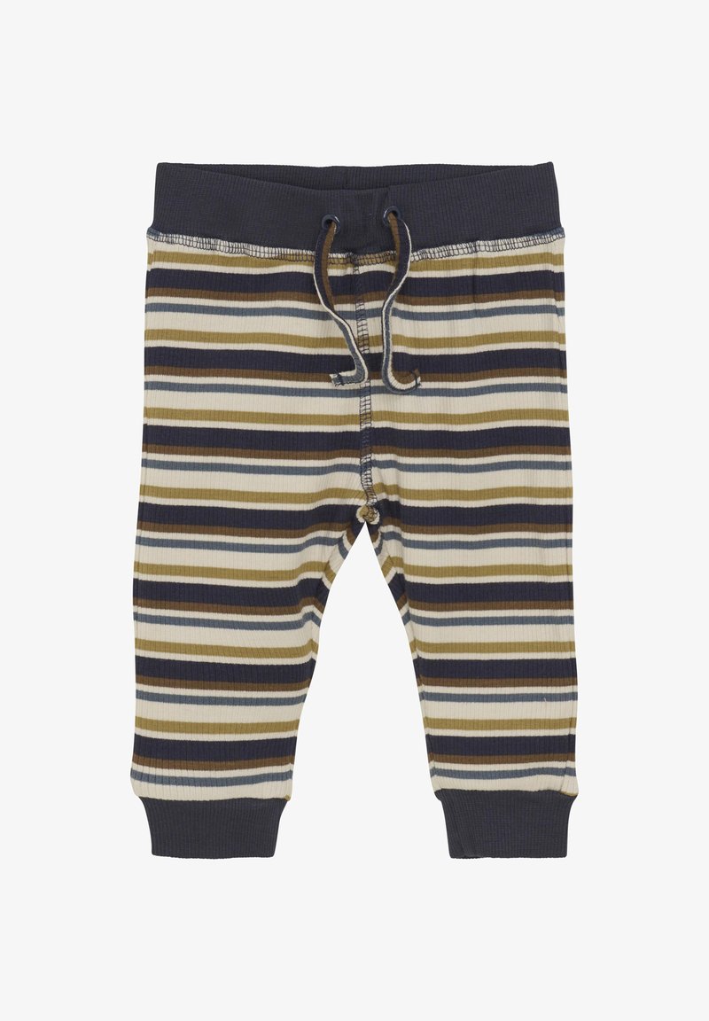 Gestreifte Hosen aus weichem Material. Mit horizontalen Streifen in Marineblau, Beige und Oliv. Elastischer Bund mit Kordelzug und gerippten Bündchen.