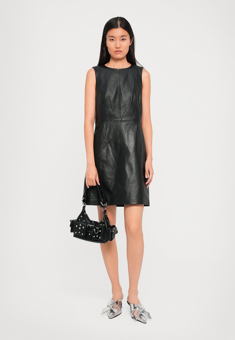 knee length dresses for ladies Black faux leather shift dress – The Frockery main image 1
