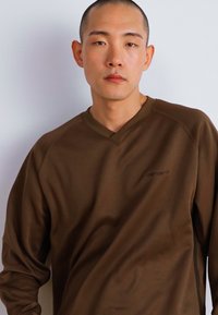 Sweatshirt marron en V en tissu doux avec des manches longues, comportant un détail de logo subtil sur la poitrine. Design simple et coupe décontractée.