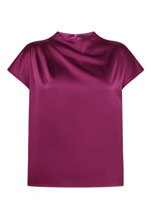 Lila szatén rövid ujjú blúz magas nyakkal és hátul cipzáras záródással, simán redőzött anyagból, laza illeszkedéssel.