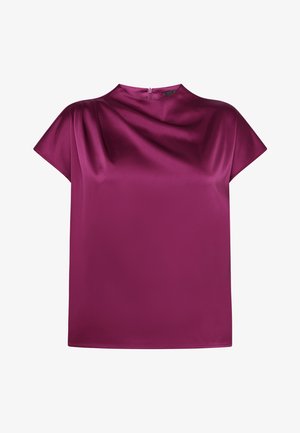 Paarse satijnen blouse met korte mouwen, een hoge halslijn en een rits aan de achterkant, met soepel vallende stof en een ontspannen pasvorm.