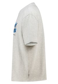 Gray short-sleeve t-shirt made of soft fabric, featuring a round neckline and a printed design in blue, with a relaxed, oversized shape.