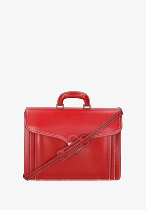 Valigetta in pelle rossa con forma strutturata, cuciture bianche a contrasto, manico superiore e tracolla regolabile. Dotata di chiusura a scatto.