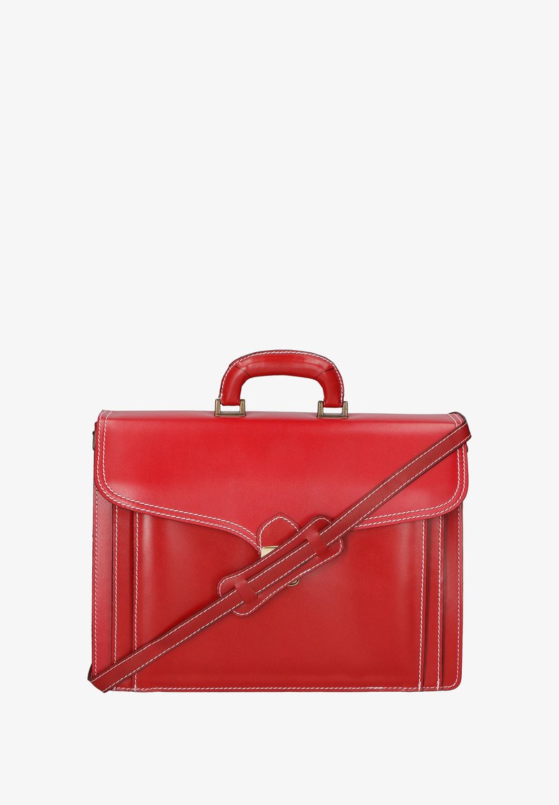 Malette en cuir rouge avec une forme structurée, couture blanche contrastante, poignée supérieure et une bandoulière réglable. Elle dispose d'une fermeture à fermoir.