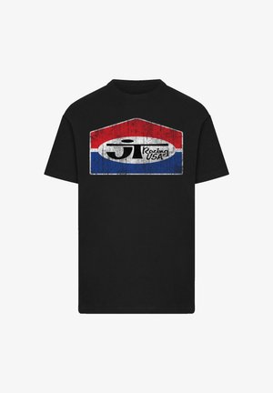 Schwarzes Baumwoll-T-Shirt mit einem verwitterten Grafikdesign. Das Design enthält ein rot-weiß-blaues Wappen mit dem Text "Racing USA".