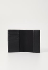Black leather wallet with a textured surface, featuring multiple card slots on the left and a smooth interior. No visible hardware or accents.