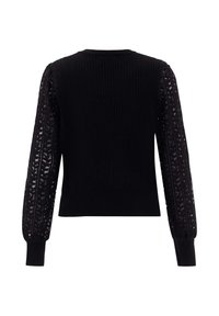 Pulover ribbed negru cu mâneci lungi semi-transparente cu model dantelat și manșete strâmte, prezentat din spate pe un fundal alb.