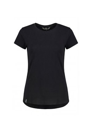 Schwarzes, tailliertes Damen-T-Shirt mit kurzen Ärmeln, Rundhalsausschnitt und kleinem Logo nahe dem unteren Saum auf der linken Seite.