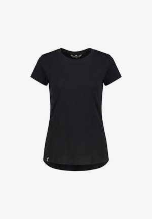 Schwarzes, tailliertes Damen-T-Shirt mit kurzen Ärmeln, Rundhalsausschnitt und kleinem Logo nahe dem unteren Saum auf der linken Seite.
