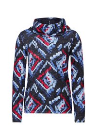 Maglione aderente a maglia con collo a cavallo, caratterizzato da un motivo geometrico in rosso, blu e nero. Tessuto testurizzato con maniche lunghe.