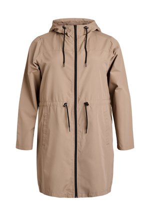Lys tan farvet parka med hætte, frontlynlås, justerbar snor i taljen og sidelommer. Glat, let skinnende stoffinish.