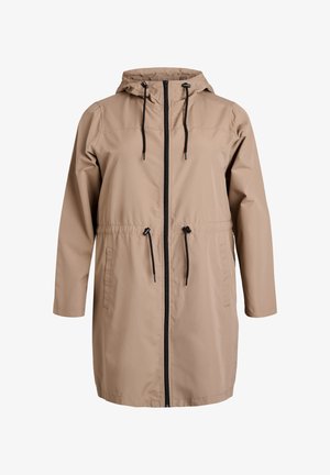 Lagani smeđi parka s kapuljačom, prednjim patentnim zatvaračem, podesivim vezicama u struku i bočnim džepovima. Glatki, blago sjajni materijal.