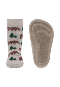 Light gray socks featuring brown bears and green trees. Soft knit material with reinforced heel and toe. Non-slip textured sole.