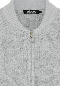 Graue Reißverschluss-Bomberjacke mit einer samtigen Textur. Rippkragen und -bündchen, ausgestattet mit einem silbernen Reißverschluss und einem kleinen Logotag im Nackenbereich.