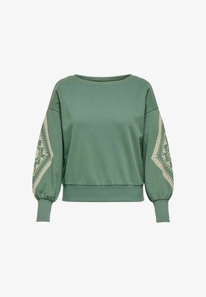 Grønn genser med ballongerm, med beige broderi langs ermene. Laget av mykt stoff med en avslappet passform og rund hals.