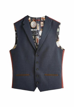 Gilet bleu marine avec cinq boutons, accents marron et poches latérales. L'intérieur présente un imprimé vintage coloré de montres et de caméras.