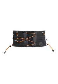 Svart elastisk belte med oransje justerbare snorer, kroker og en meshoverflate. Inkluderer flere lommer for oppbevaring.