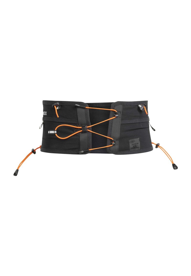 Svart elastisk belte med oransje justerbare snorer, kroker og en meshoverflate. Inkluderer flere lommer for oppbevaring.