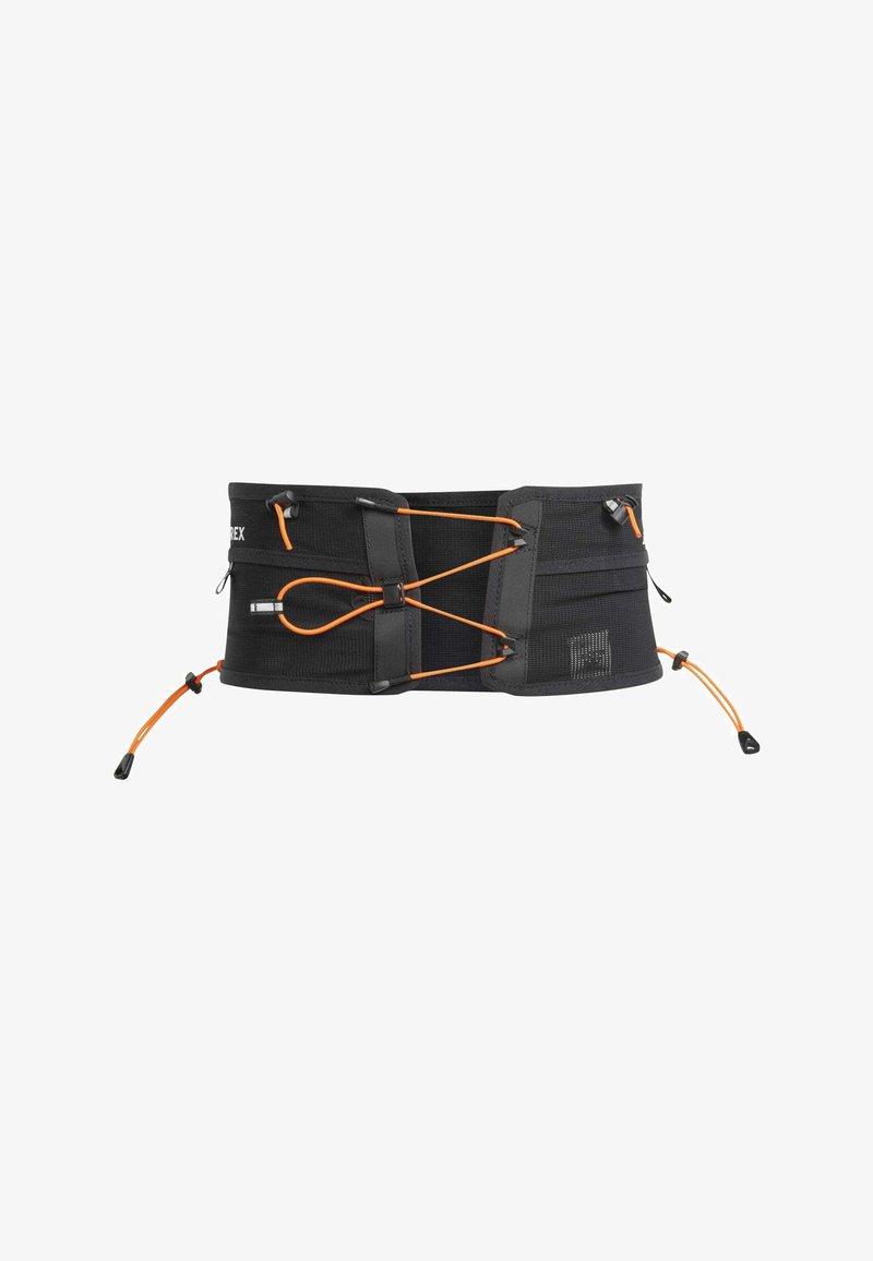 Black elastic waist belt featuring orange adjustable cords, hooks, and a mesh surface. Includes multiple pockets for storage.