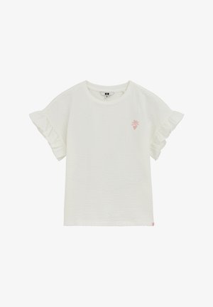 Weißes Kurzarmhemd mit gerafften Ärmeln und einer kleinen rosa Blumenstickerei auf der linken Brust.