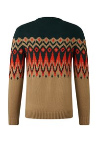Brown knit sweater with black, red, and tan geometric patterns across the chest, shoulders, and upper sleeves, shown from the back.