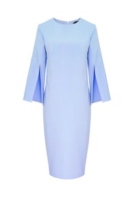 Jasnoniebieska sukienka o prostym kroju i długich rękawach z rozcięciami. Prosty okrągły dekolt i zamek błyskawiczny z tyłu do zamykania. Gładka tekstura.