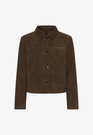 Rjava jakna iz brušenega usnja z dolgimi rokavi, štirimi črnimi gumbi spredaj, dvema kvadratnima sprednjima žepoma in ostrim ovratnikom.