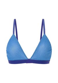Blå triangelformad bikiniöverdel med glänsande diagonala ränder, med tunna justerbara remmar och ett kontrasterande lila underband.